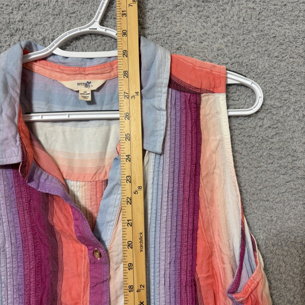 Sleeveless Button Front Swing Tank Collared Relaxed Lightweight Striped 1X - Picture 8 of 8